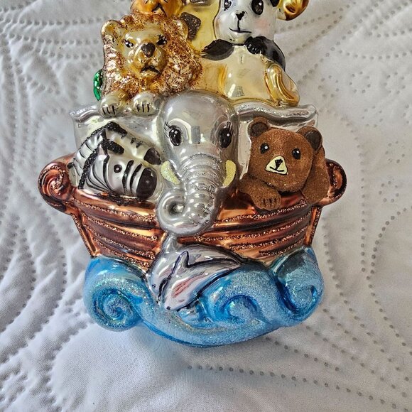 Kurt Adler's Noahs Ark Ornament With Noah, Animals, the Ark & Waves, Blown Glass - Picture 4 of 8